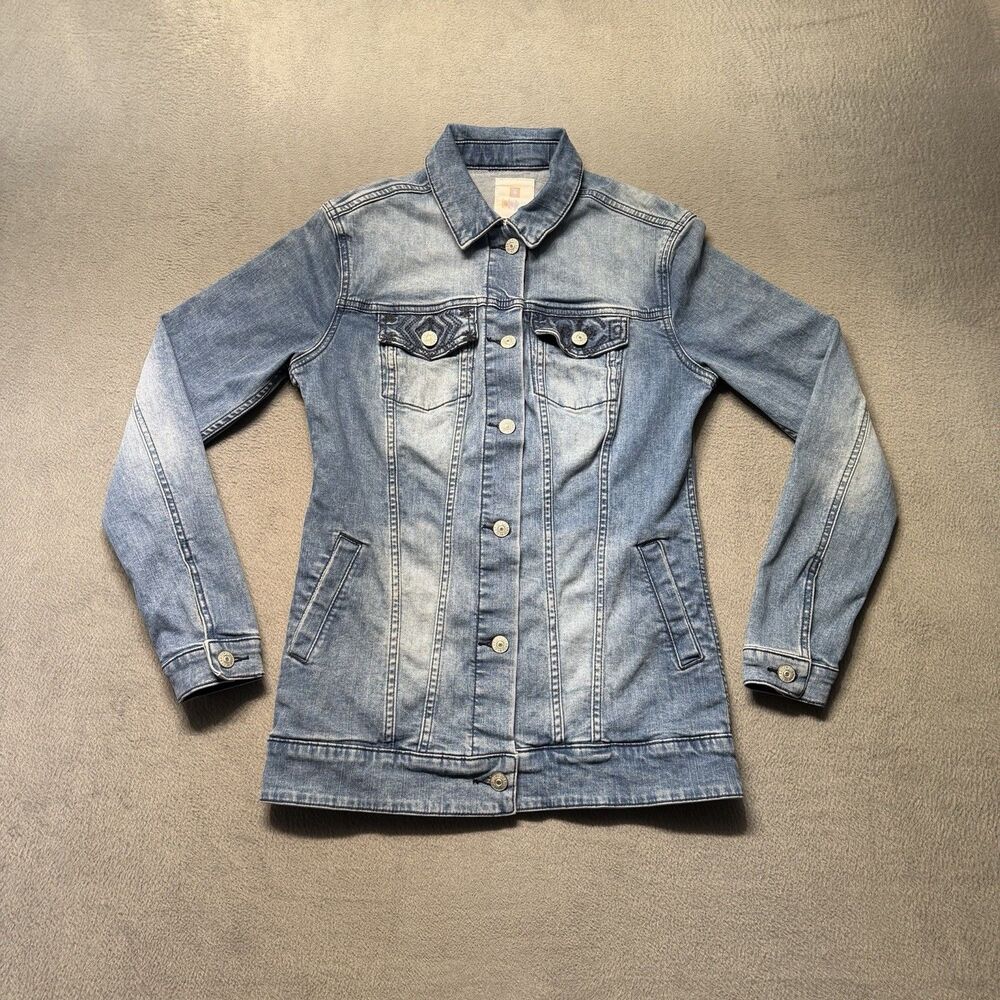 LuLaRoe Jaxon Women’s XS Jean Denim Jacket Blue Embroidered Pockets Stretch Boho